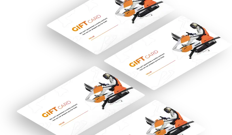 Four angled gift cards each featuring an orange and black snowmobile with a rider, and text that reads 'GIFT CARD' and 'We can't guarantee a whole contract but we can guarantee your fun shall.'