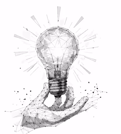 Polygonal wireframe hand holding a glowing light bulb with radiating lines.