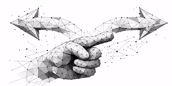 Polygonal wireframe hand pointing left and right with arrows extending from the index finger in both directions.
