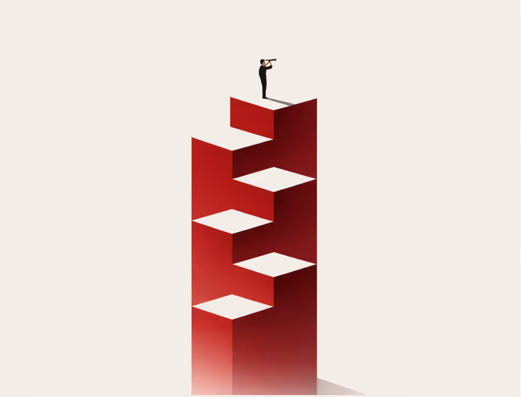 Man in a suit standing on top of an impossible red staircase, looking through a telescope.