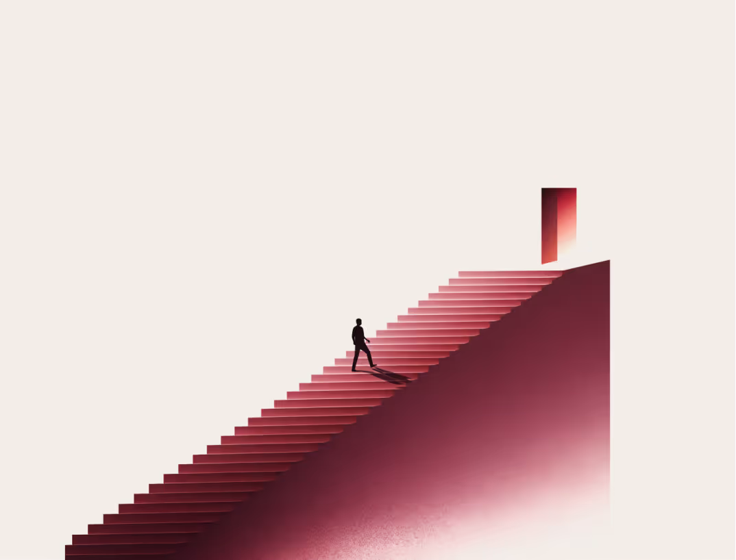Silhouette of a person ascending red stairs towards an open door emitting light on a beige background.