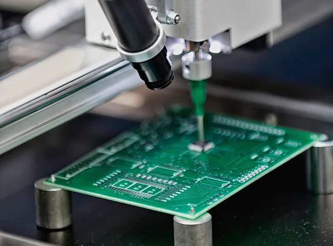 Close-up of a green printed circuit board being worked on by a machine with a probe tool.