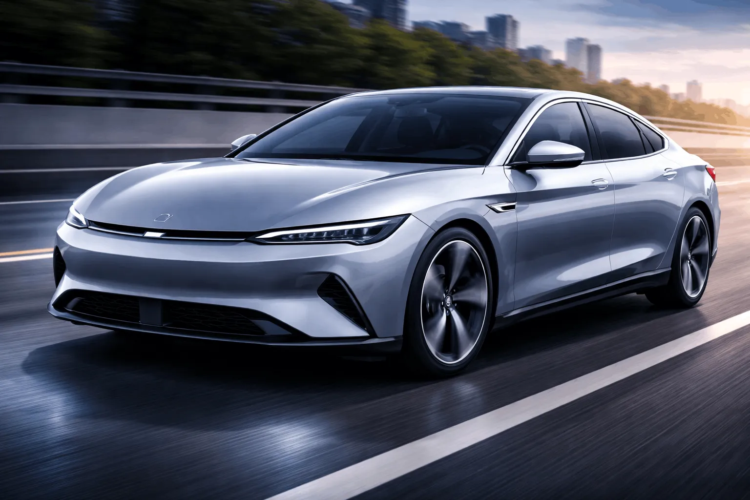Sleek silver electric sedan driving on a city road with skyscrapers in the background.