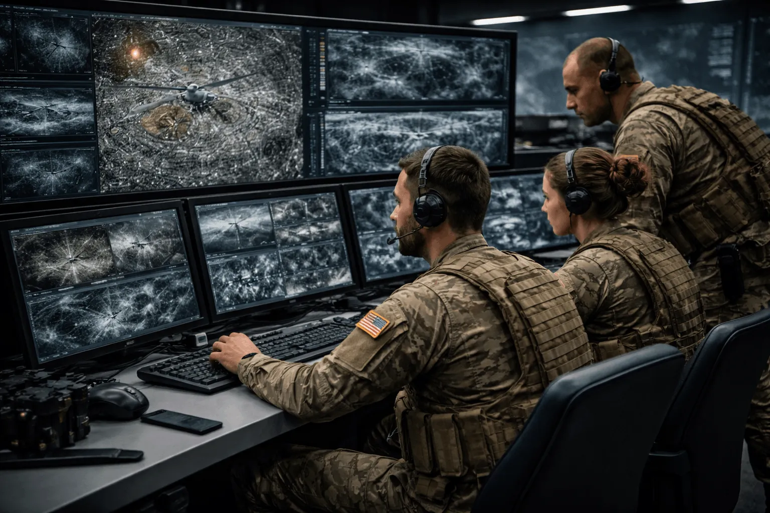 Three soldiers in camouflage with headsets monitor multiple screens showing drone surveillance maps.