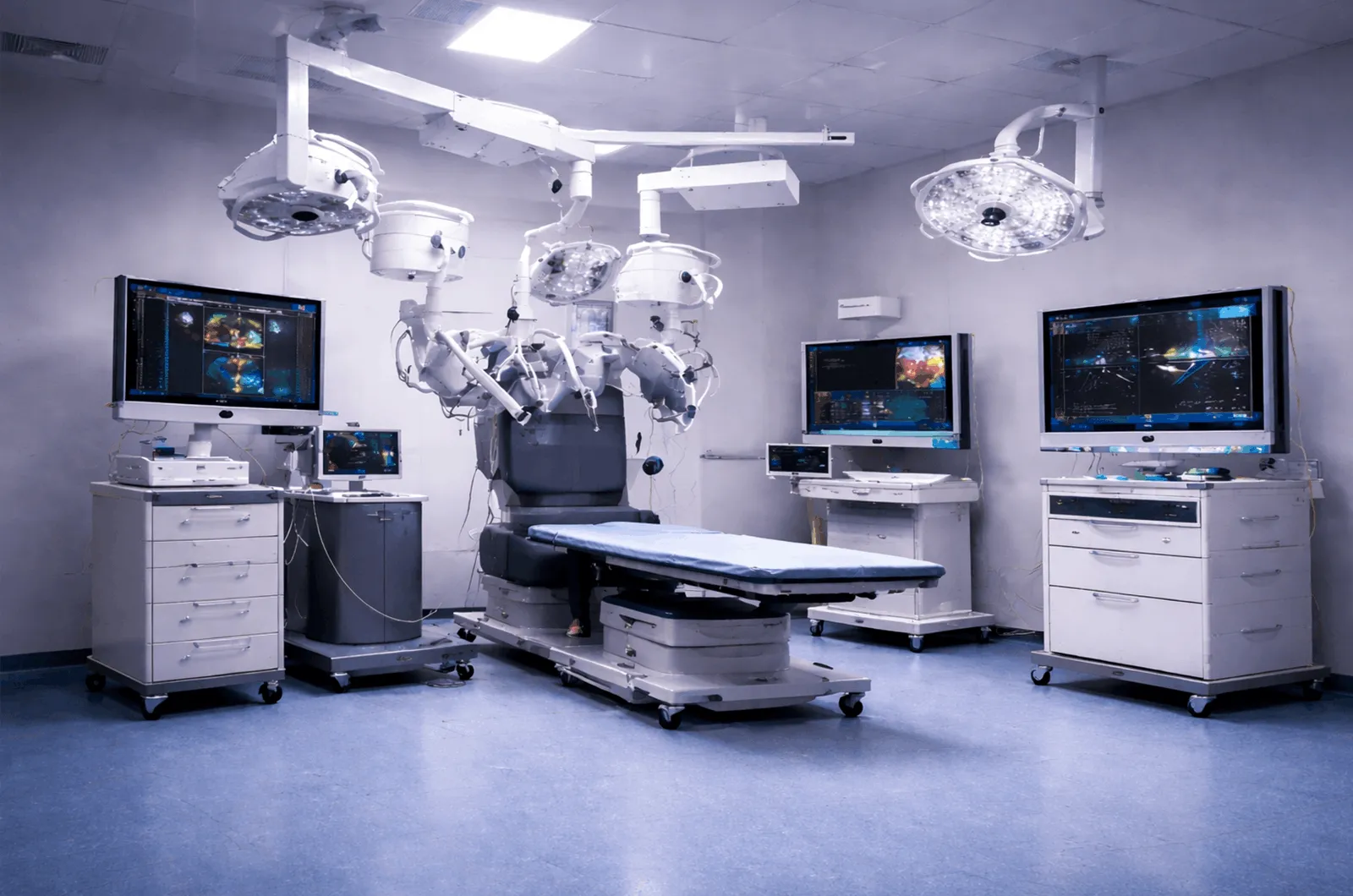 Modern operating room with robotic surgical system, multiple monitors, and overhead surgical lights.