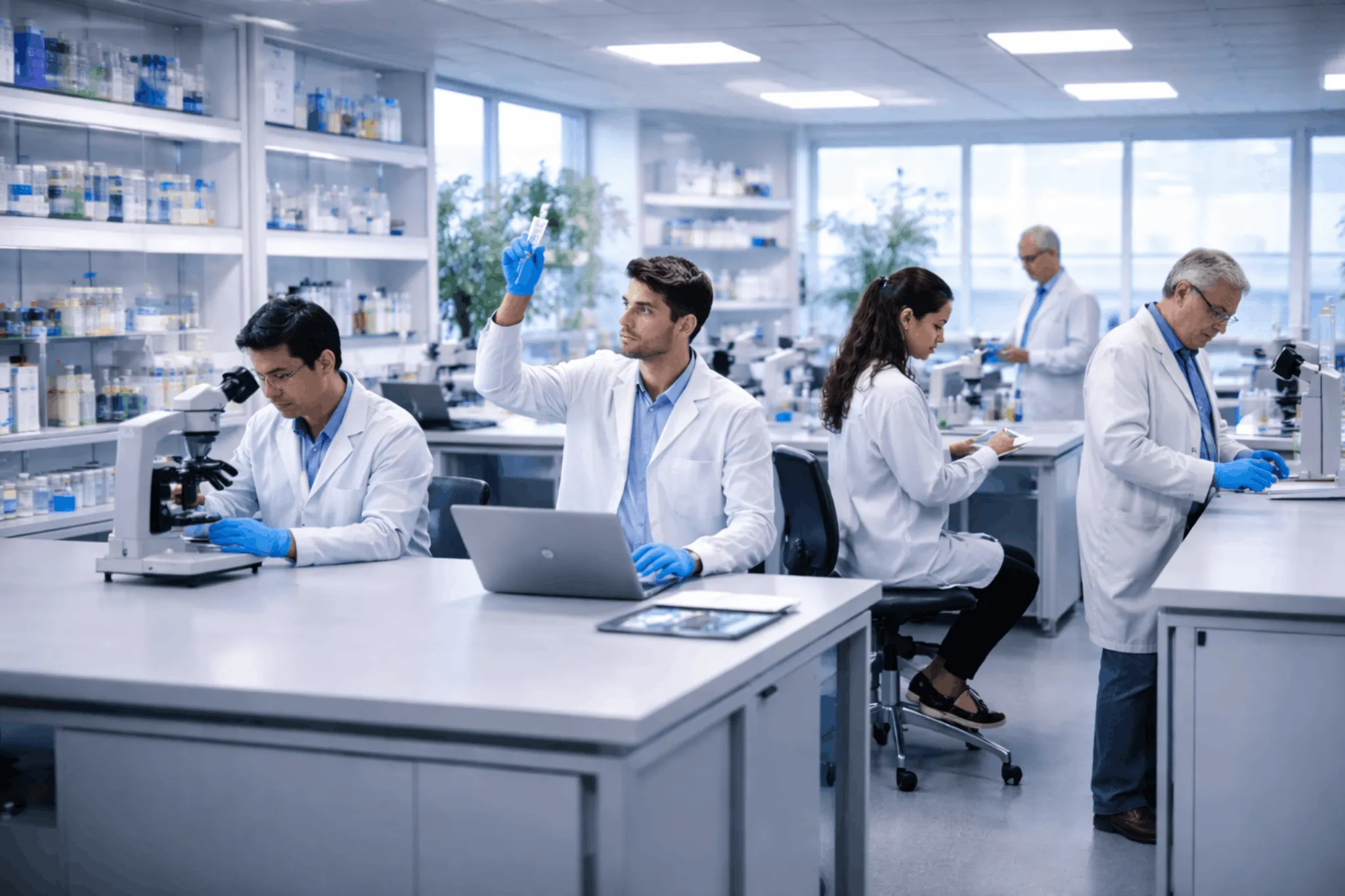 Scientists in white coats working in a modern lab with microscopes, samples, and laptops.