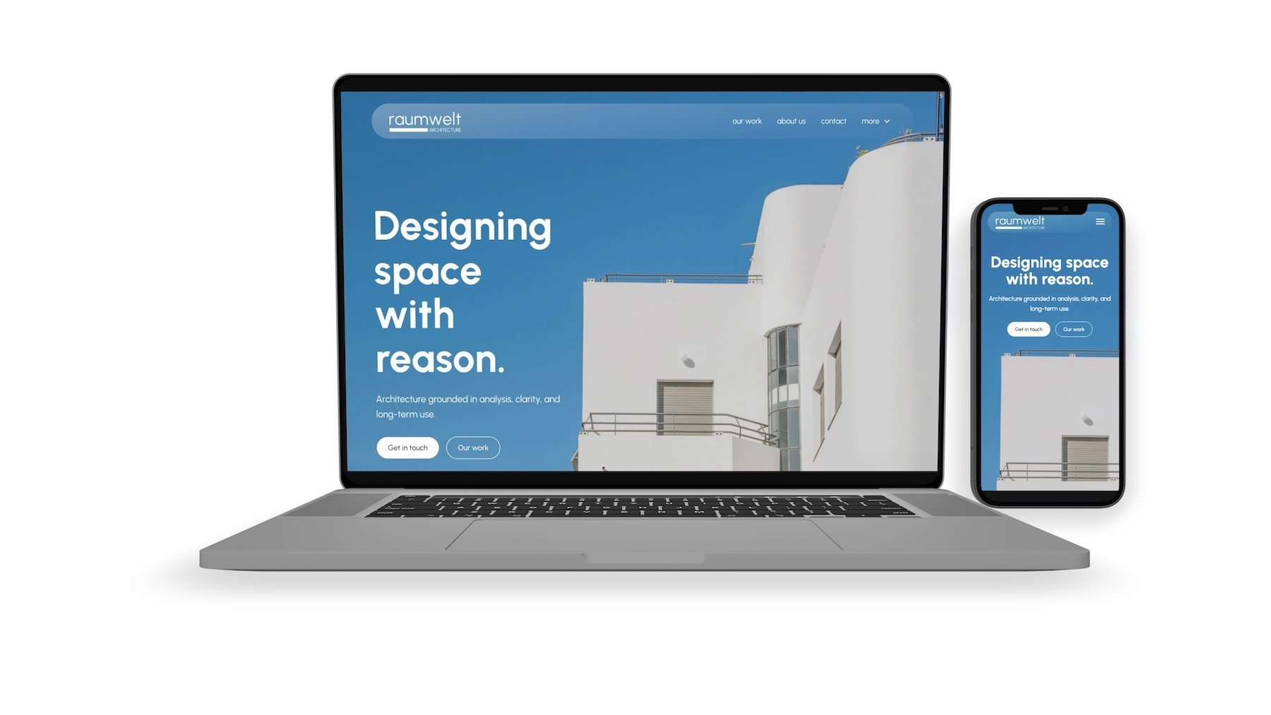 Laptop and smartphone displaying the Raumwelt Architecture homepage with text 'Designing space with reason' and a modern white building against a blue sky.