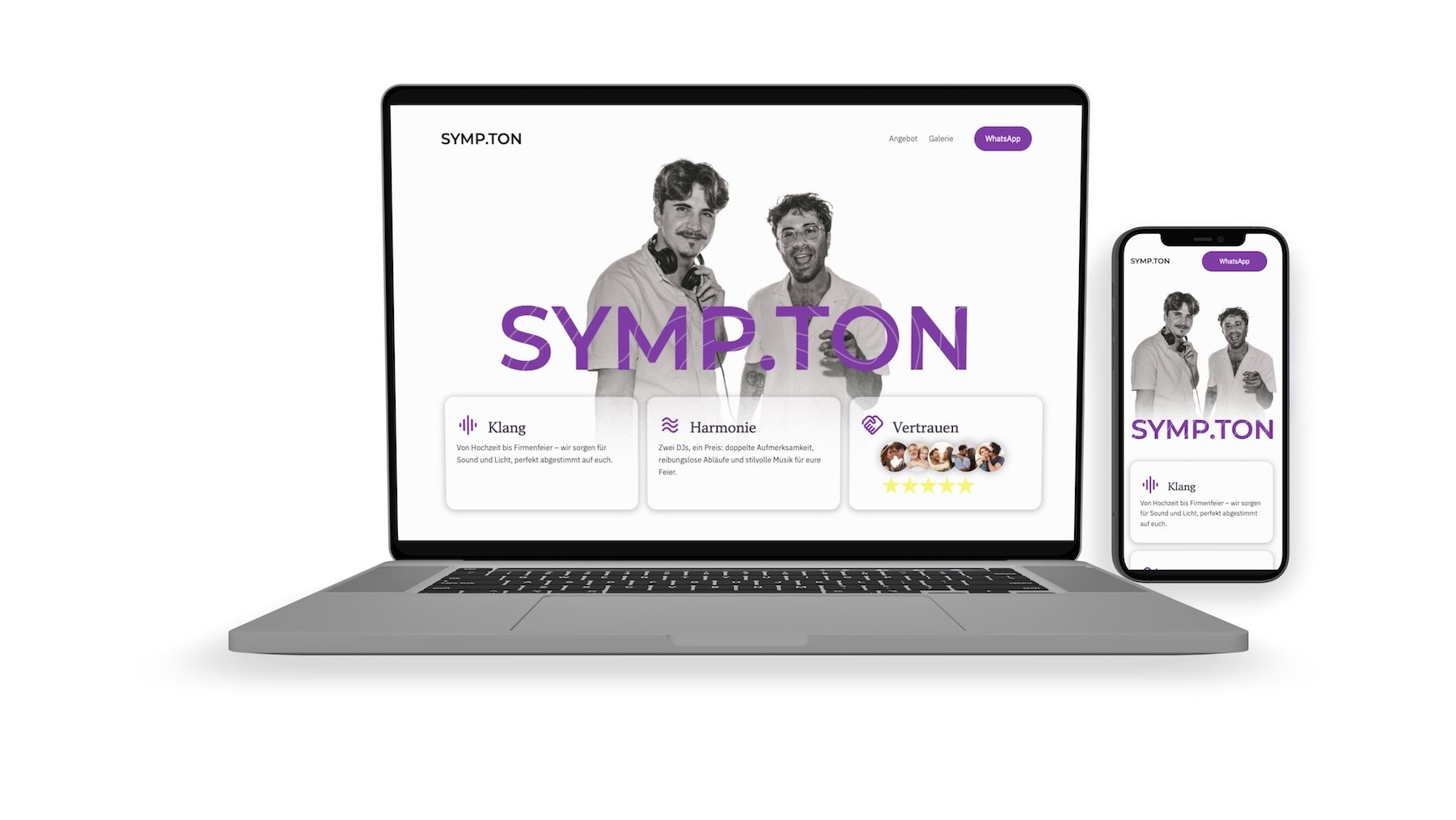 Laptop and smartphone displaying SYMP.TON website featuring two smiling men with headphones and text in German about sound, harmony, and trust.