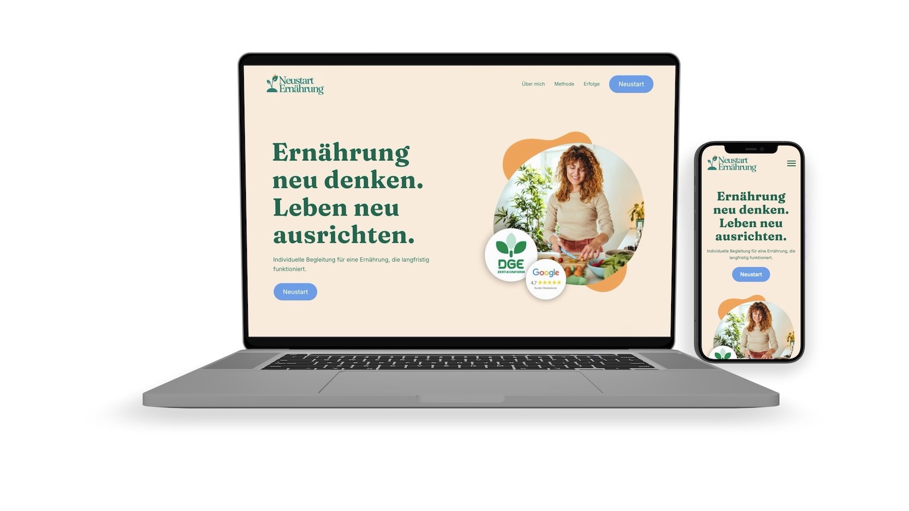 Laptop and smartphone displaying a nutrition website in German with a woman preparing food and a call-to-action button labeled Neustart.