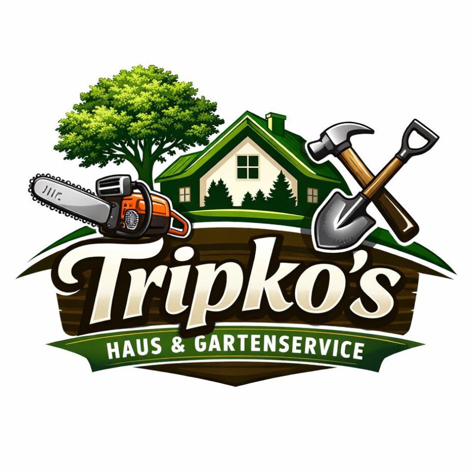 Logo for Tripko's Haus & Gartenservice featuring a house with trees, a chainsaw, hammer, and shovel.