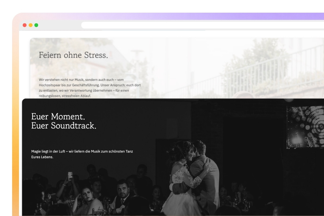 Website section showing couples dancing at a wedding reception with German text about stress-free celebrations and providing music for the perfect dance.