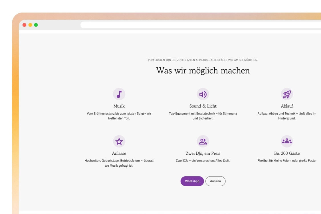Website section titled 'Was wir möglich machen' listing music services including Musik, Sound & Licht, Ablauf, Anlässe, Zwei DJs, ein Preis, and guest capacity up to 300, with WhatsApp and call buttons.