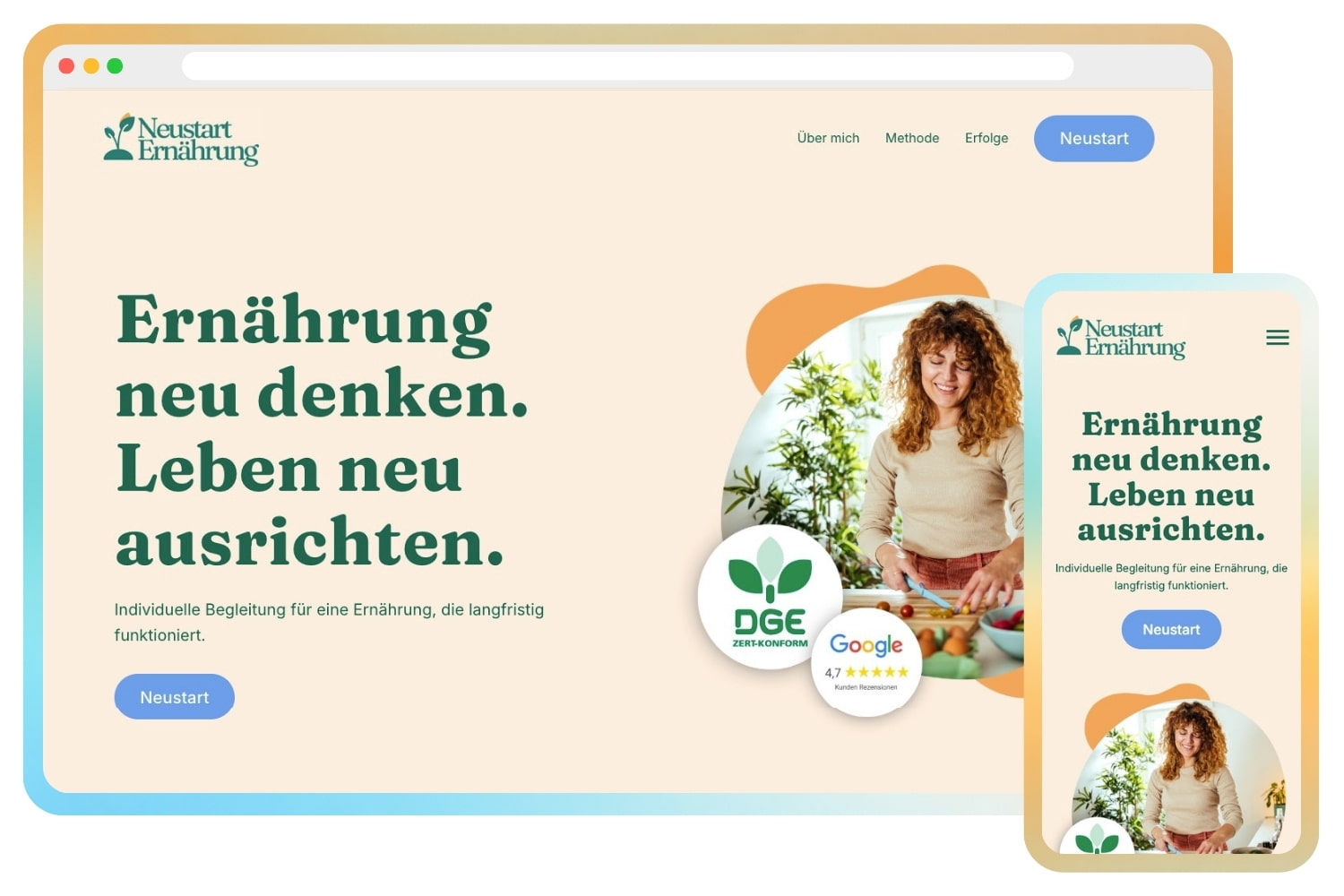 Laptop and smartphone displaying a nutrition website in German with a woman preparing food and a call-to-action button labeled Neustart.