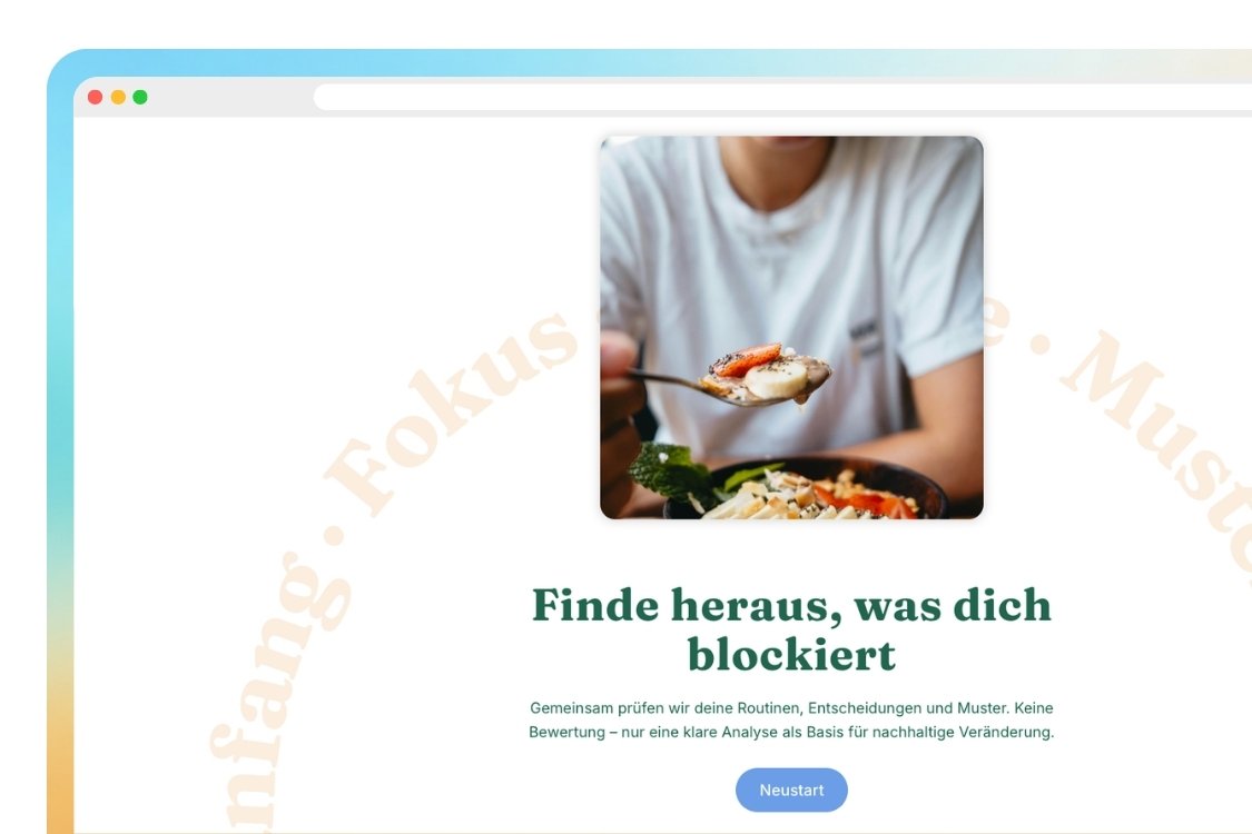 Person in white shirt holding a spoon with food, above text in German about discovering what blocks you.