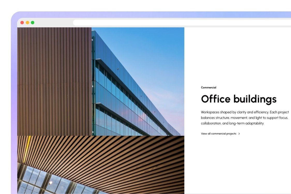 Modern office building exterior with reflective glass windows and vertical brown paneling, paired with a ceiling featuring parallel wooden slats and skylights.