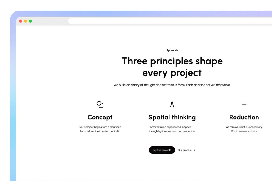 Website section titled ‘Three principles shape every project’ with three columns labeled Concept, Spatial thinking, and Reduction, each with a brief description and icons.