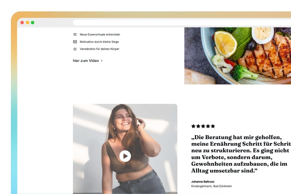 Smiling woman sitting in sunlight with play button overlay next to a testimonial about nutrition counseling in German.