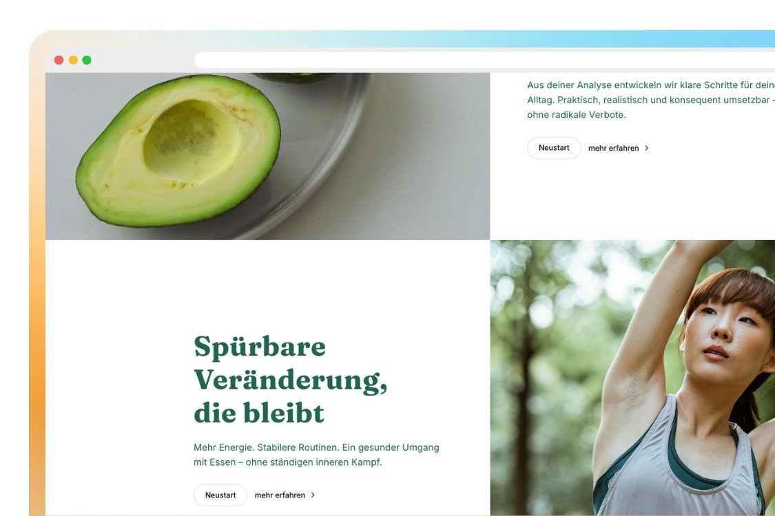 Website section with an avocado half on a plate, German text about lasting change and stable routines, and a woman stretching outdoors.