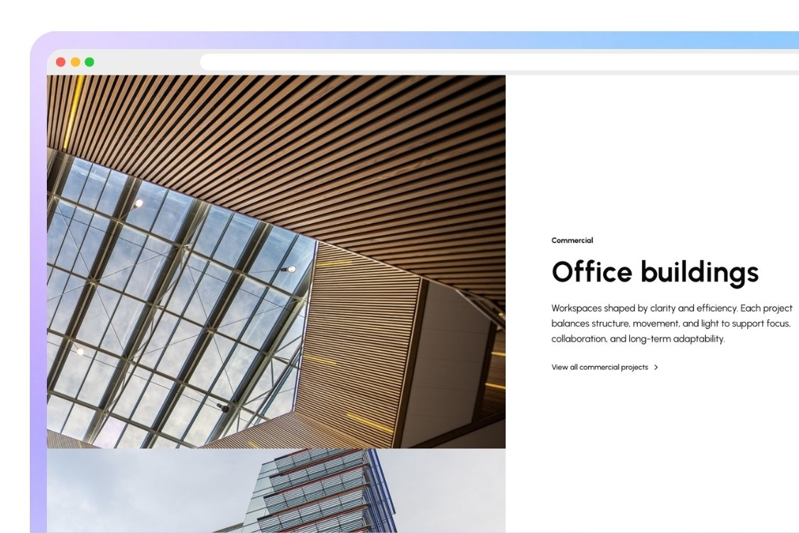 Modern office building with glass facade and wooden ceiling panels visible through a skylight.