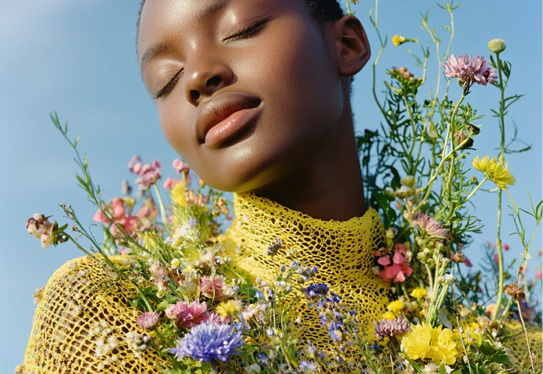 Woman with closed eyes surrounded by flowers, symbolizing personalized probiotics for gut health and bloating relief.