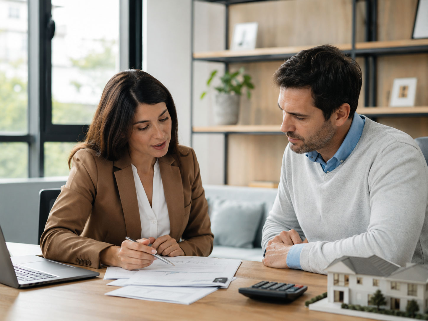et client analysant un dossier de financement immobilier : capacité d’emprunt, taux et garanties
