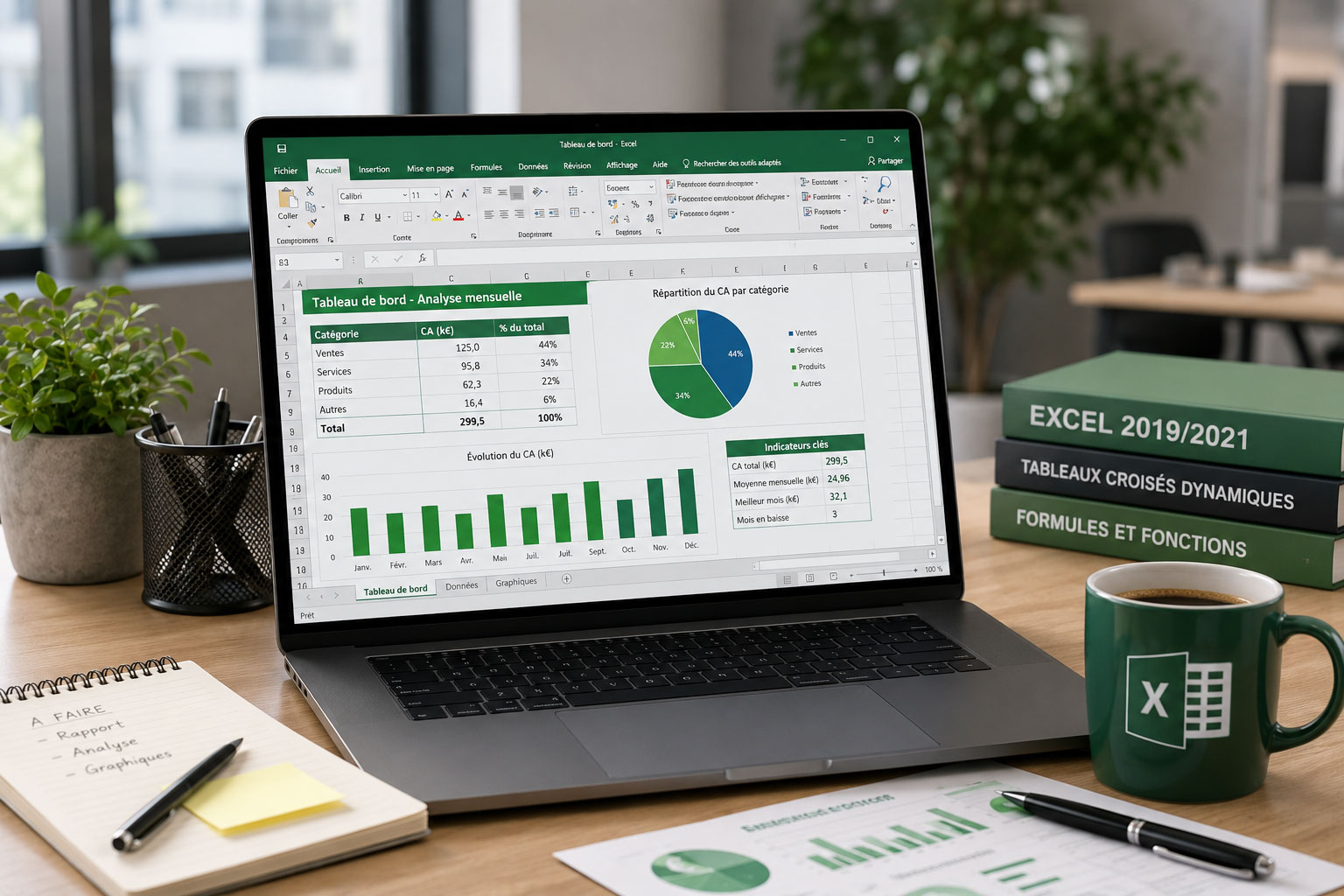 Ordinateur portable affichant un tableau de bord Excel avec graphiques et indicateurs, sur un bureau de travail en environnement professionnel.