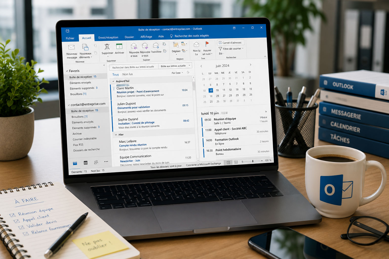 Ordinateur portable affichant Microsoft Outlook avec boîte de réception et calendrier, sur un bureau de travail en environnement professionnel.