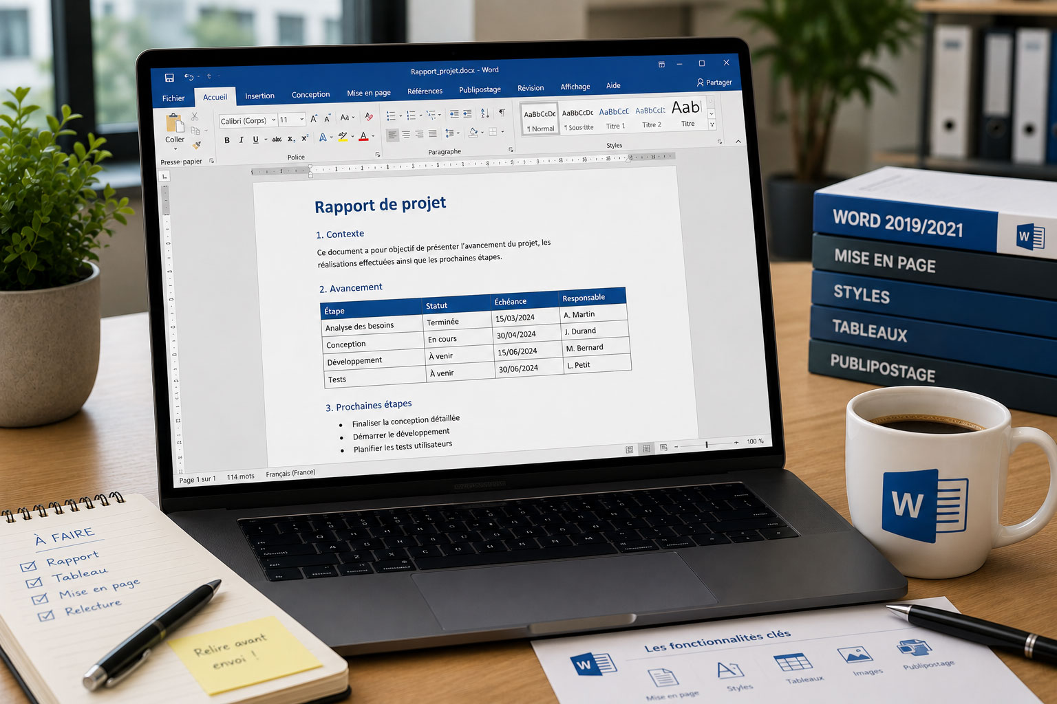 Ordinateur portable affichant un document Microsoft Word structuré avec tableau, sur un bureau professionnel lumineux.