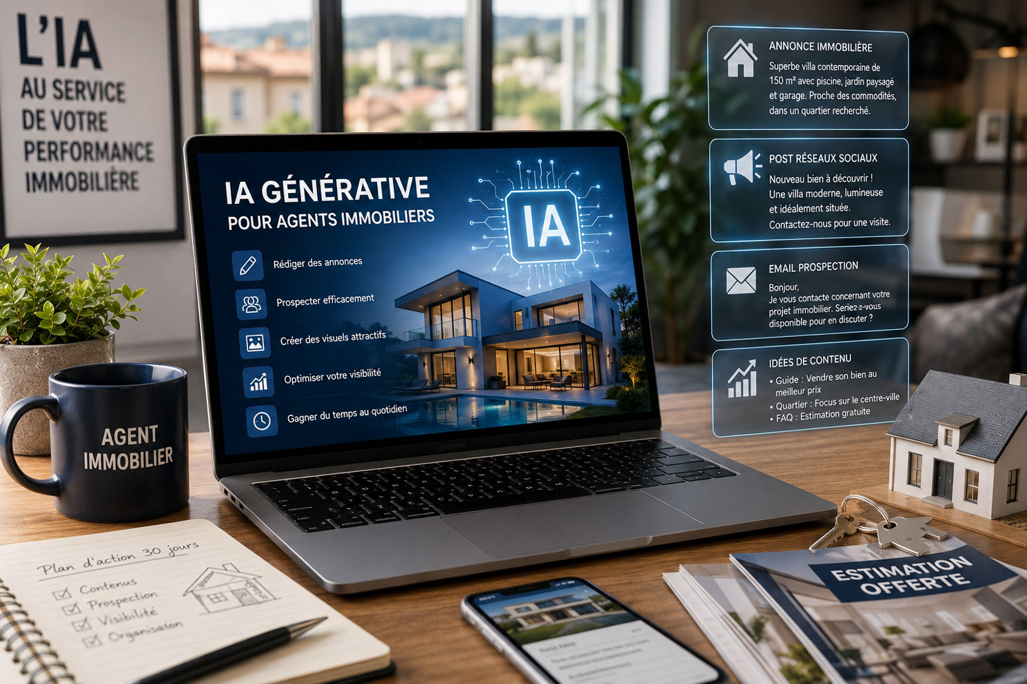 Ordinateur portable affichant une interface d’IA générative dédiée à l’immobilier, avec création d’annonces, contenus marketing et outils de prospection.