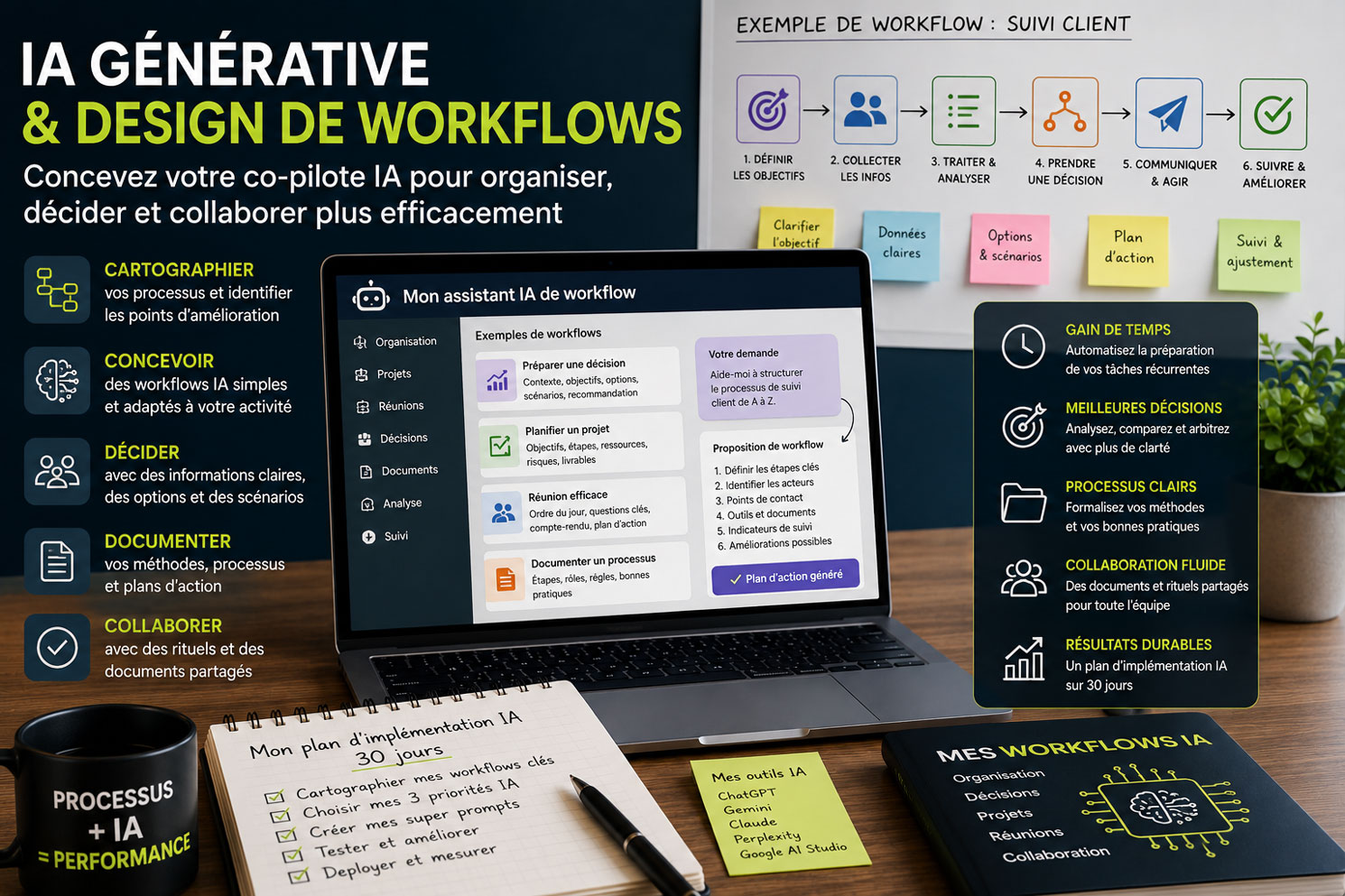 Ordinateur portable affichant un assistant IA de workflow pour structurer des processus, préparer des décisions et organiser la collaboration professionnelle.