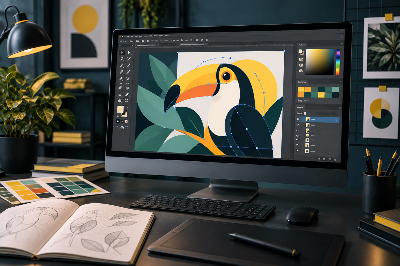 Écran affichant une illustration vectorielle en cours de création dans le cadre d’une formation Illustrator en ligne.