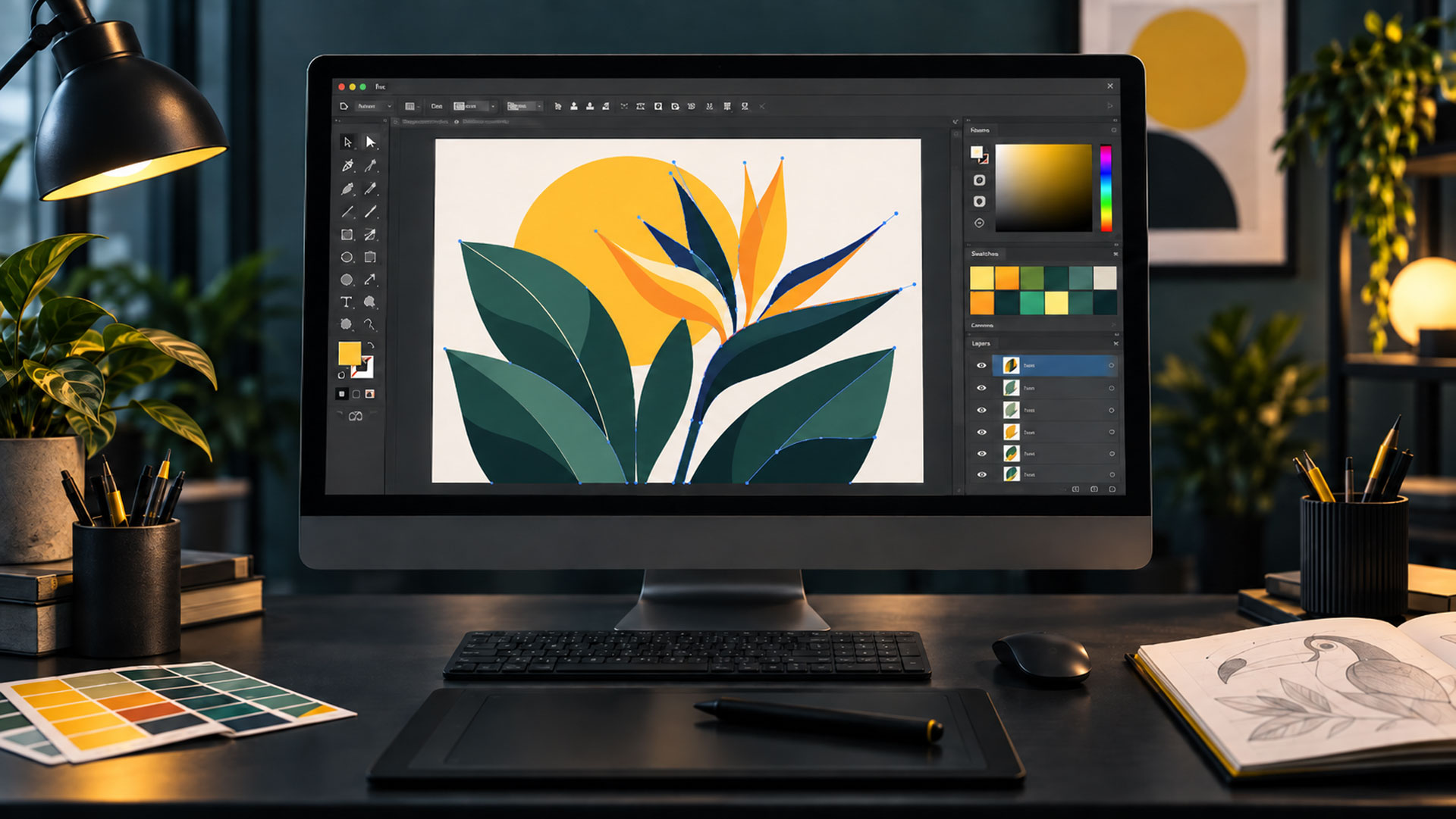 Écran affichant une création graphique vectorielle réalisée dans le cadre d’une formation Illustrator en ligne.