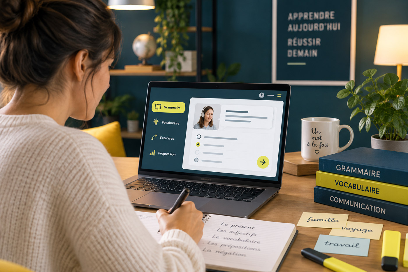 Apprenante suivant une formation de français A1/A2 en ligne avec des exercices de grammaire et de vocabulaire.