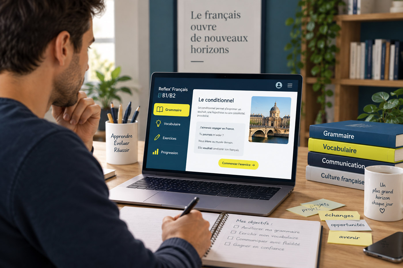 Apprenant suivant une formation de français B1/B2 en ligne pour consolider sa grammaire et enrichir son vocabulaire.
