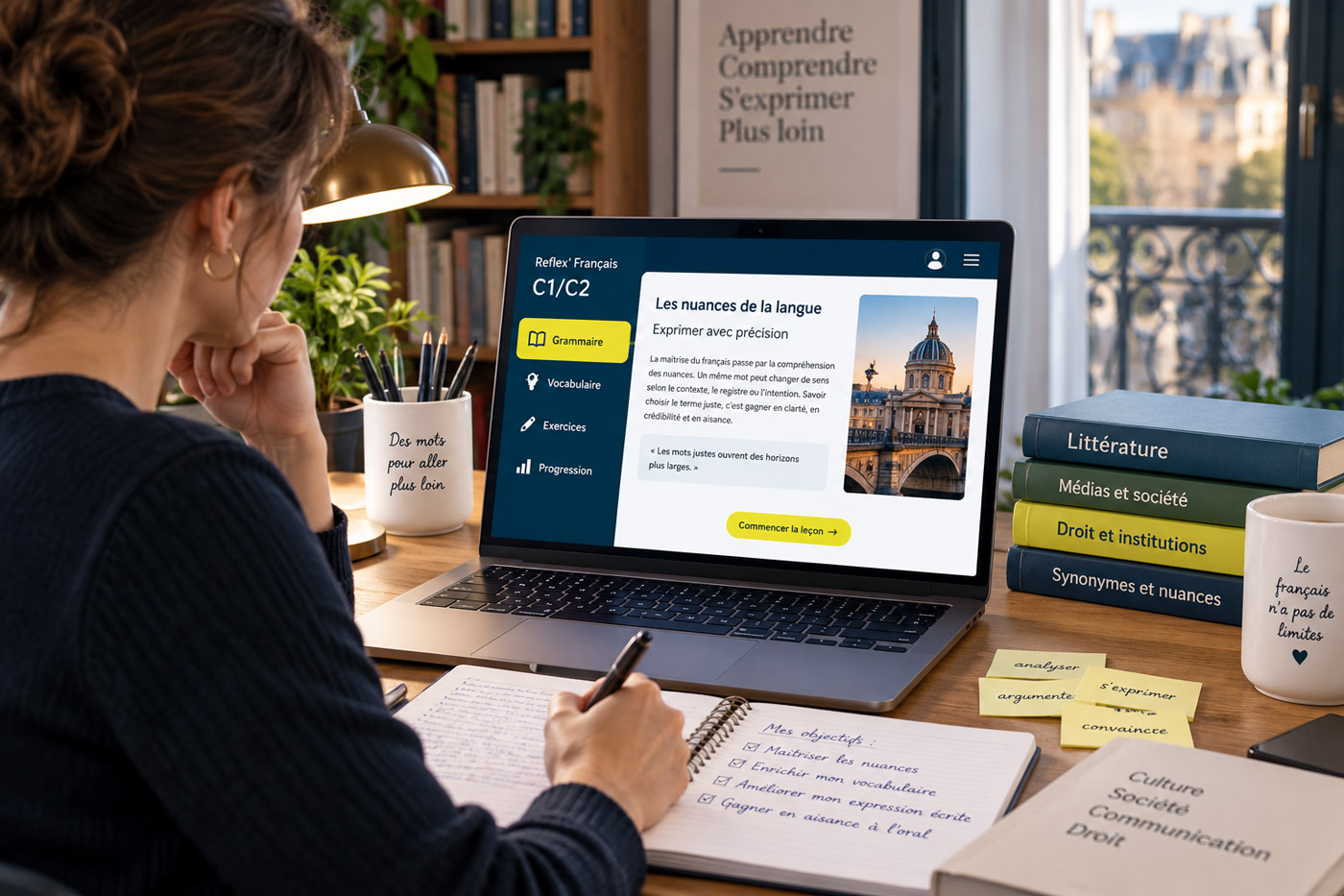 Apprenante suivant une formation de français C1/C2 en ligne pour perfectionner sa grammaire et enrichir son vocabulaire.