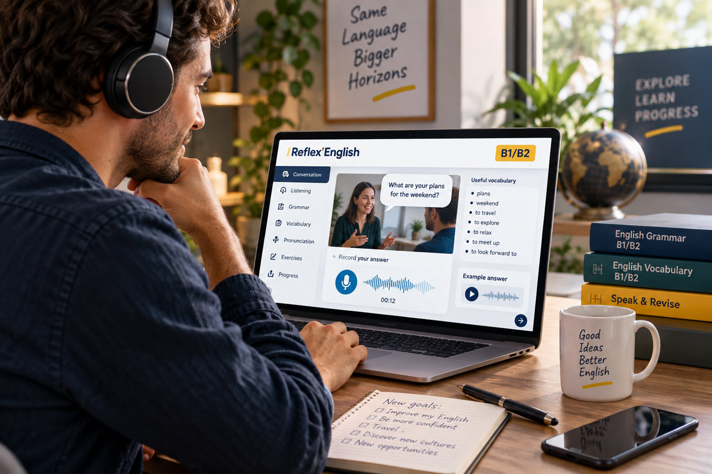 Apprenant suivant une formation d’anglais B1/B2 en ligne avec exercices de compréhension, vocabulaire et prononciation.