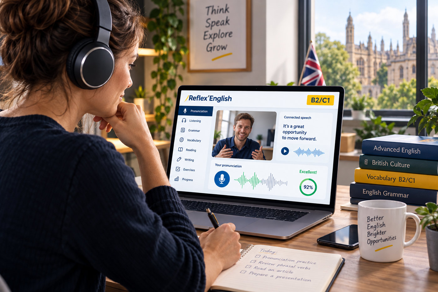 Apprenant suivant une formation d’anglais B2/C1 en ligne avec exercices avancés de compréhension et de prononciation.