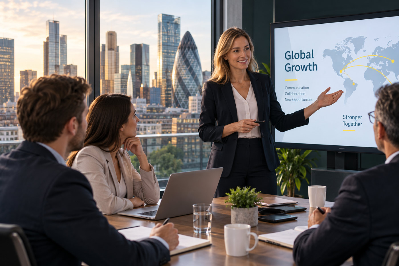 Professionnels en réunion internationale illustrant une formation d’anglais des affaires A2/B1 en e-learning.