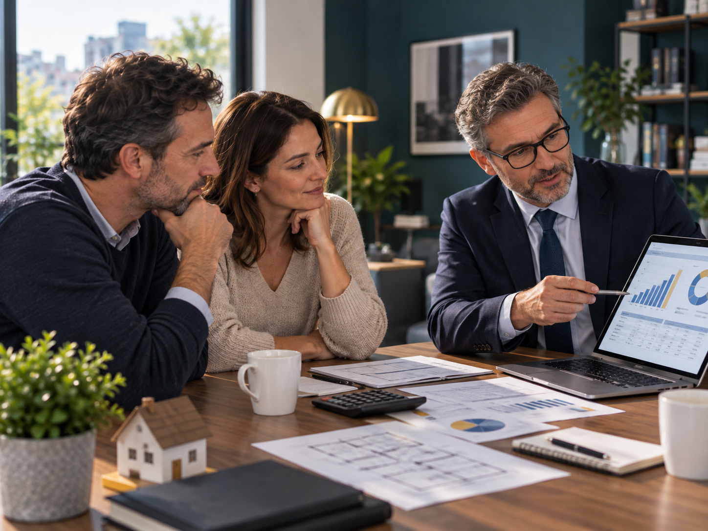 Conseiller en financement présentant un dossier de crédit immobilier à un couple dans le cadre d’une formation DCI