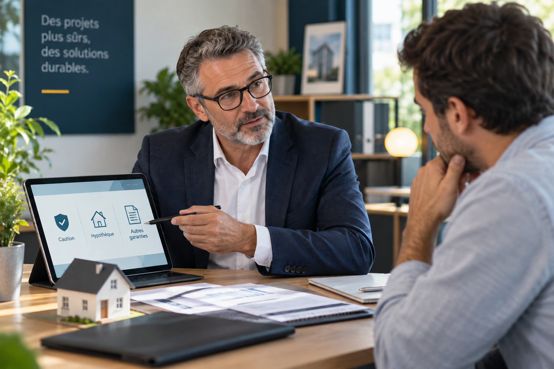 Conseiller présentant différentes garanties de crédit immobilier à un client pour illustrer une formation DCI assurance en e-learning.