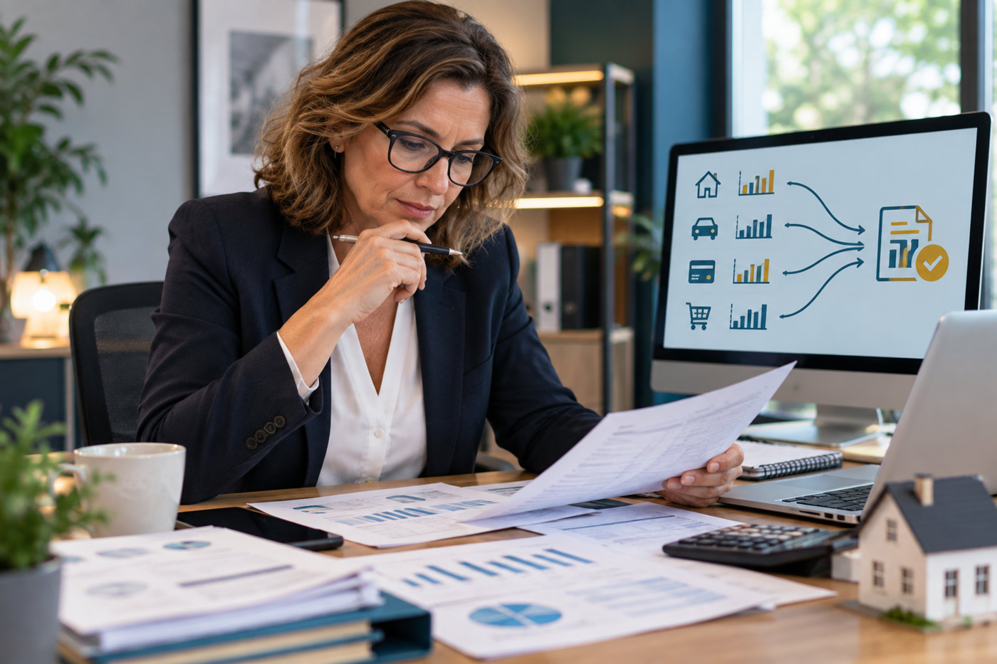 Professionnelle du financement analysant plusieurs dossiers de crédit pour illustrer une formation DCI sur le rachat et le regroupement de crédits.