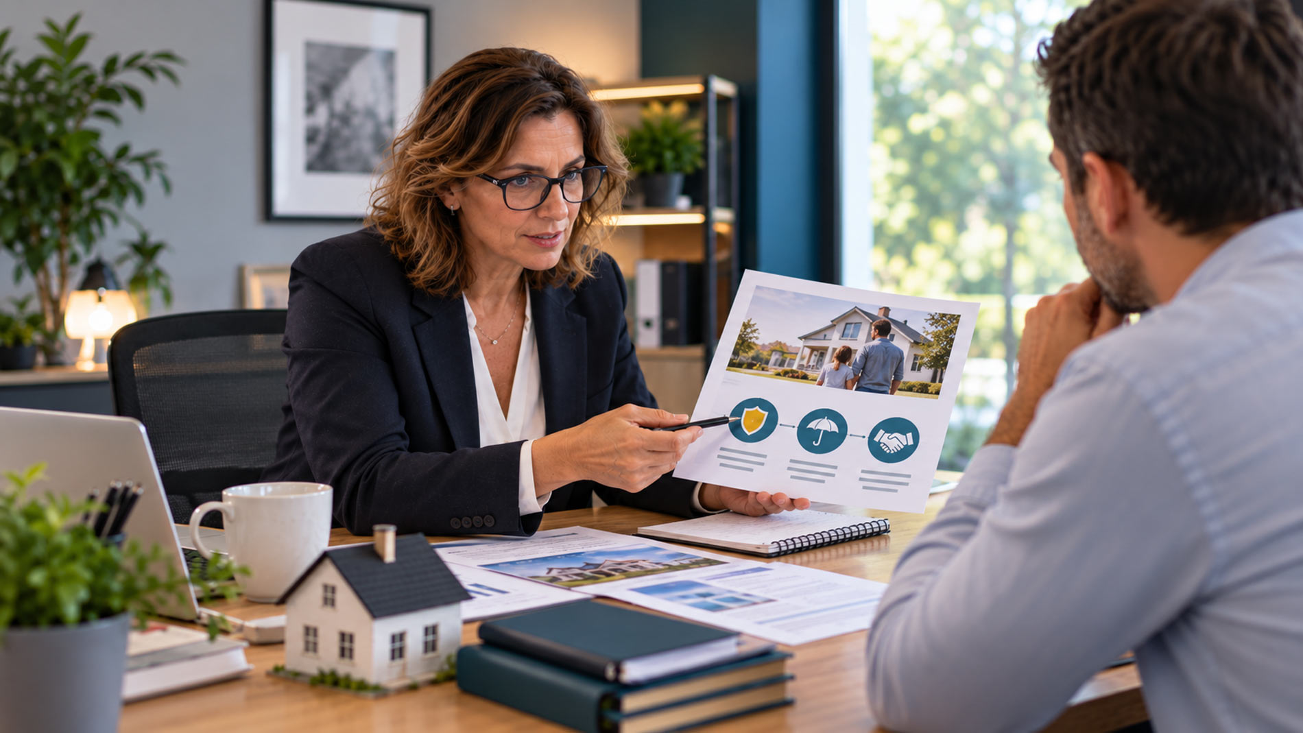 Conseillère expliquant à un client les protections et garanties liées à l’assurance emprunteur dans le cadre d’une formation DCI 4 en e-learning.