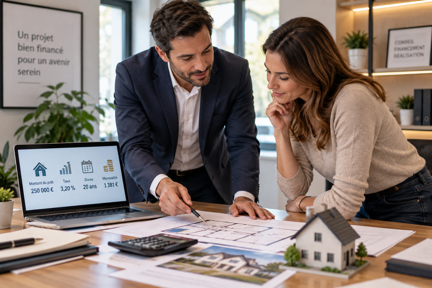 Conseiller en financement analysant avec une cliente un projet de crédit immobilier, sa capacité d’emprunt et ses mensualités.