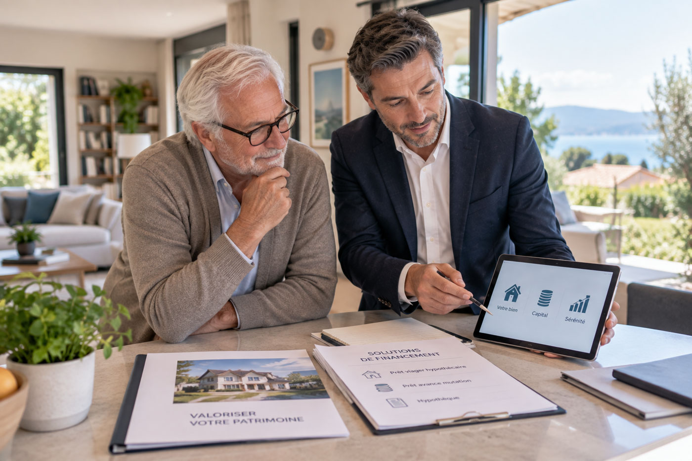 Conseiller en financement présentant à un propriétaire une solution de prêt viager hypothécaire adossée à son patrimoine immobilier.