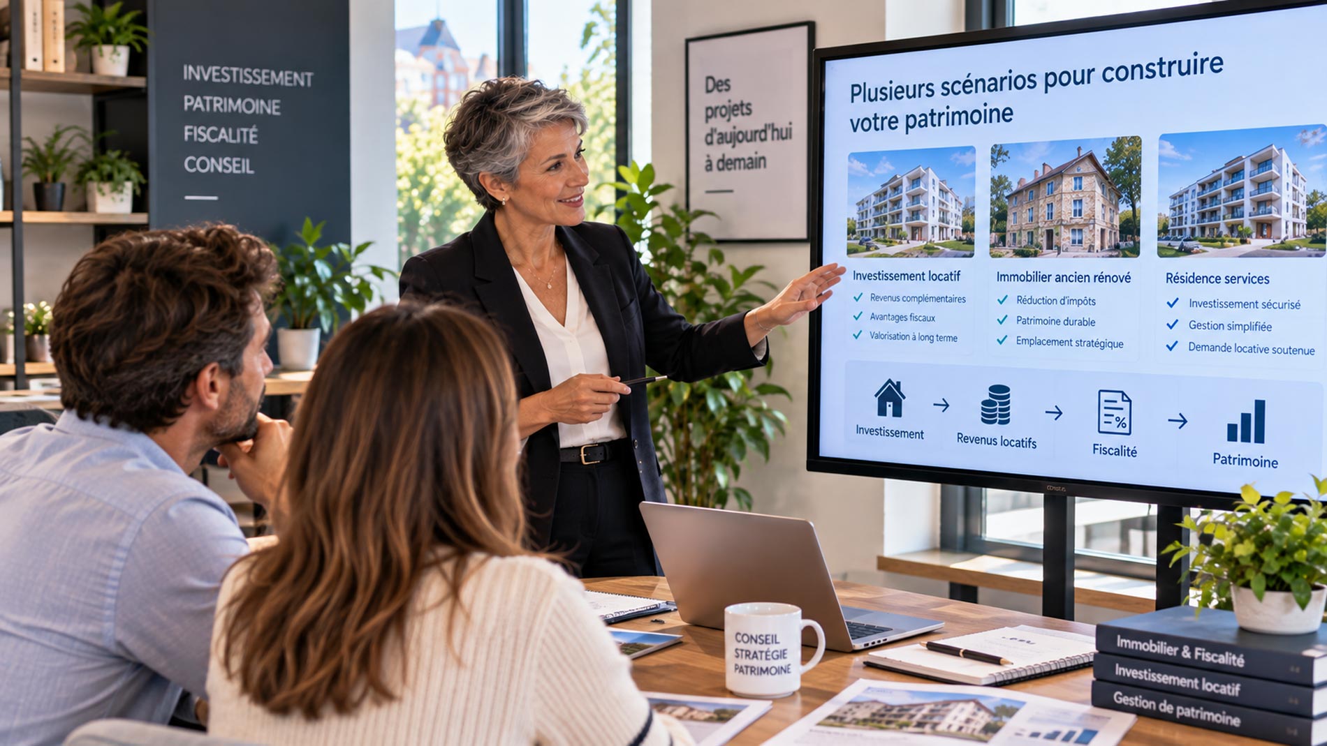 Conseillère patrimoniale présentant à un couple plusieurs scénarios d’investissement immobilier et leurs impacts fiscaux.