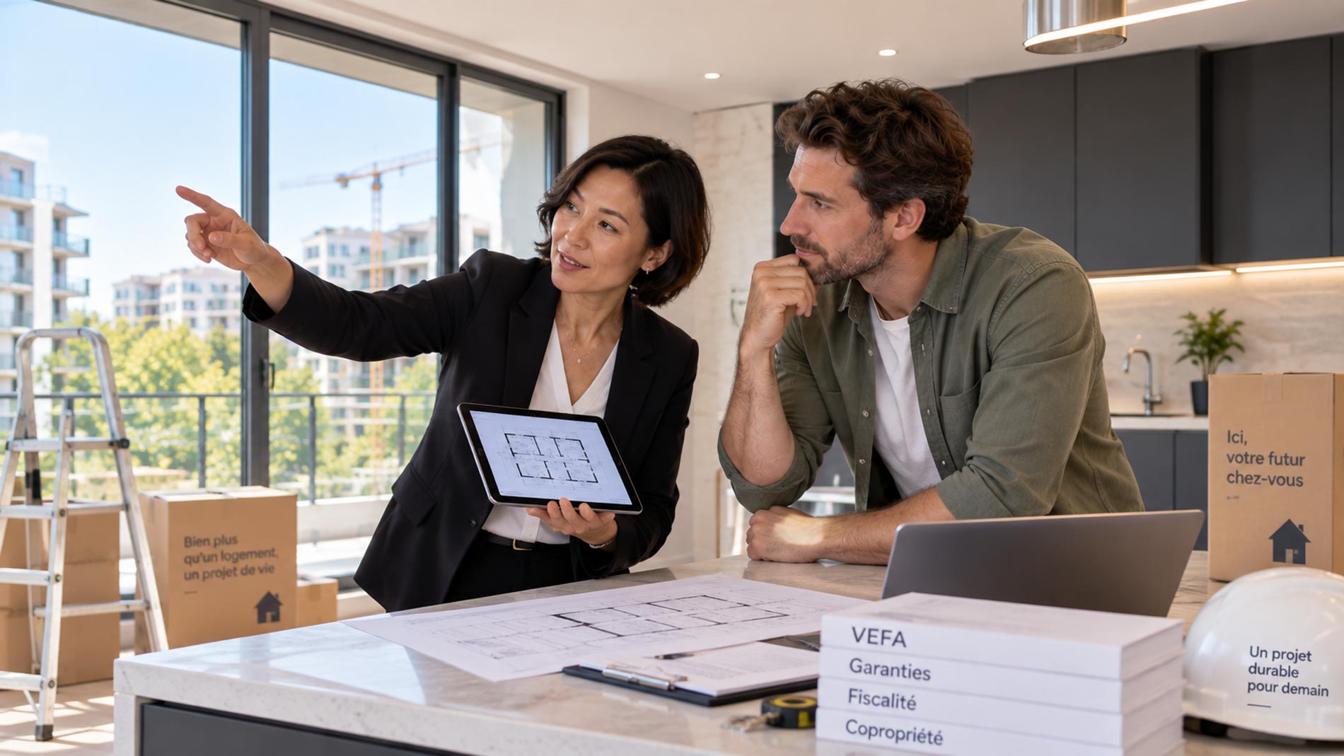 Conseillère présentant à un acquéreur les plans et garanties d’un appartement neuf en VEFA lors de sa livraison.
