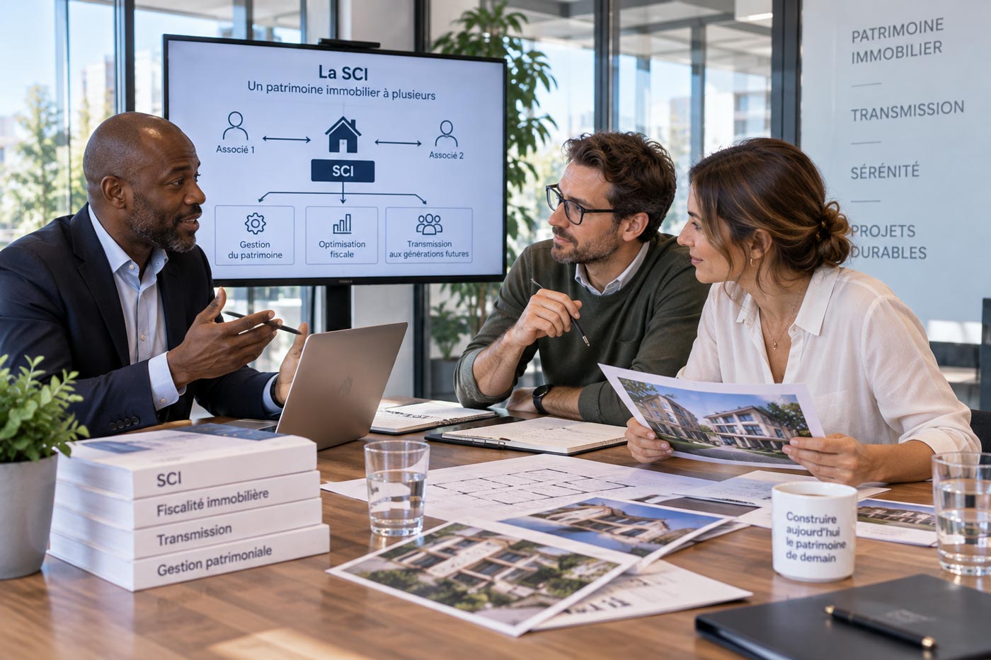 Conseiller patrimonial accompagnant deux associés dans la création d’une SCI pour structurer et transmettre un patrimoine immobilier.