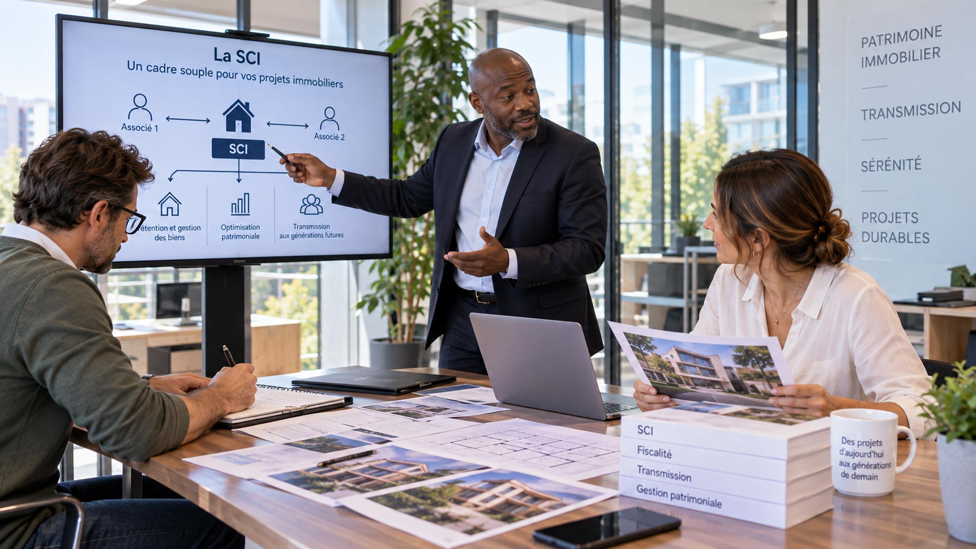 Conseiller patrimonial présentant à deux associés une stratégie de création de SCI pour gérer et transmettre un patrimoine immobilier.