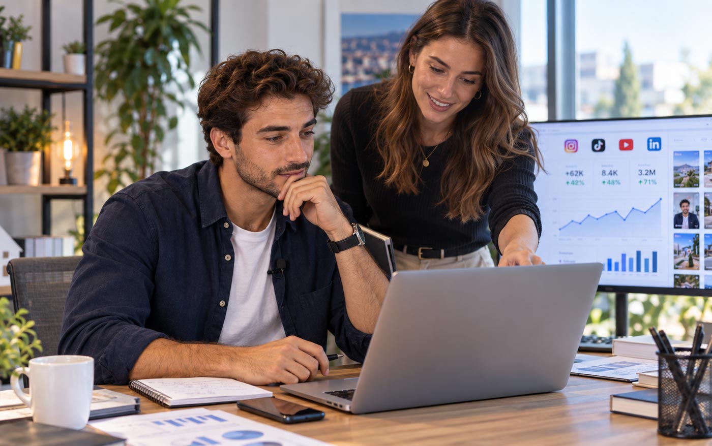 Jeune professionnel du financement analysant avec une collègue les performances de ses contenus sur les réseaux sociaux pour développer sa visibilité.