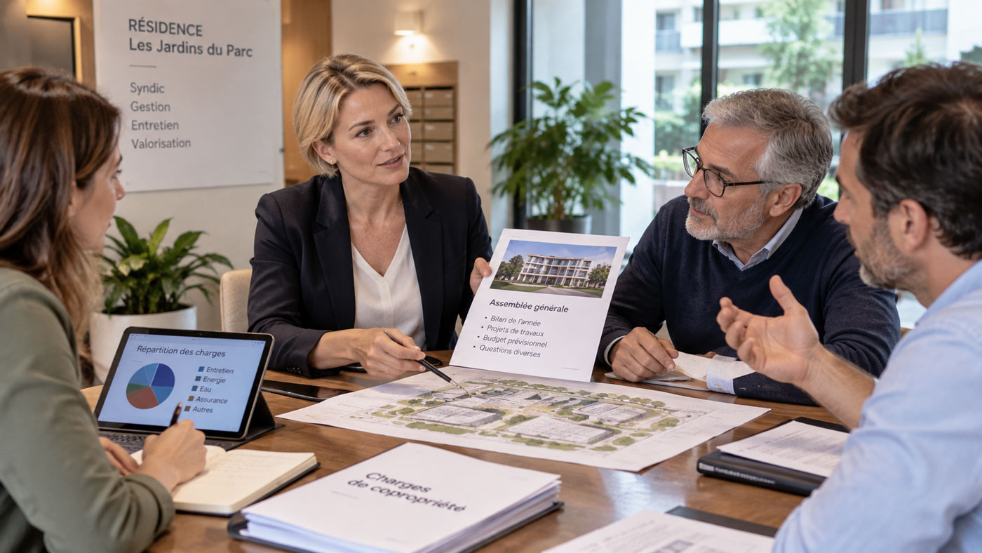 Gestionnaire de copropriété animant une réunion avec plusieurs copropriétaires autour des charges, du syndic et des décisions d’assemblée générale.